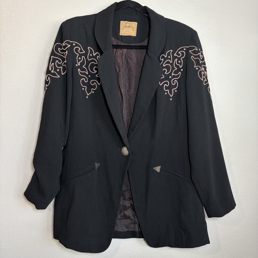 Vtg Saddle Ridge Western Black Embroidered Collar Blazer Medium Retro Cowboy